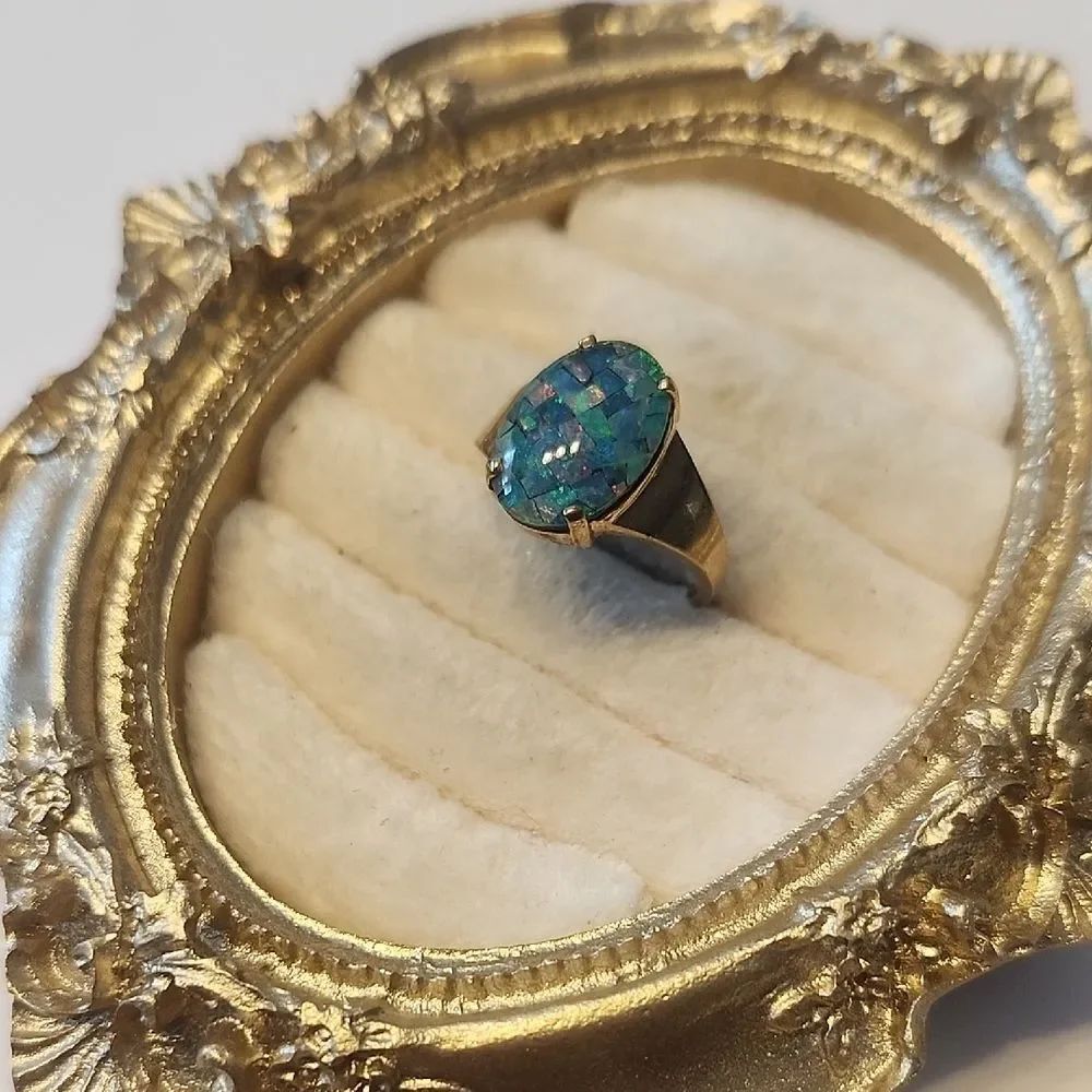 10K Yellow Gold Opal Mosaic And Glass Triplet Cocktail Ring Size 6.75 Signed KF